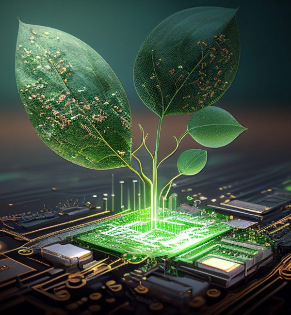 A computer chip with a green sprout. Using Generative AI technologies, an organic digital background was generated.